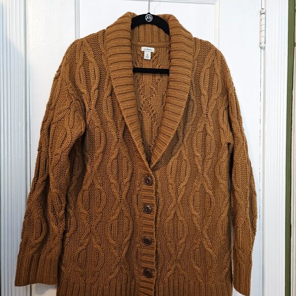 LL Bean Cozy Fisherman Sweater Cardigan Women's Regular in Saddle - Picture 2 of 5